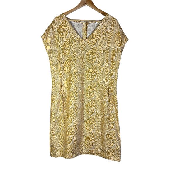 Boden Dress with Pockets Womens 12 Yellow V-Neck Abstract 100% Linen Mod Resort - Picture 1 of 6